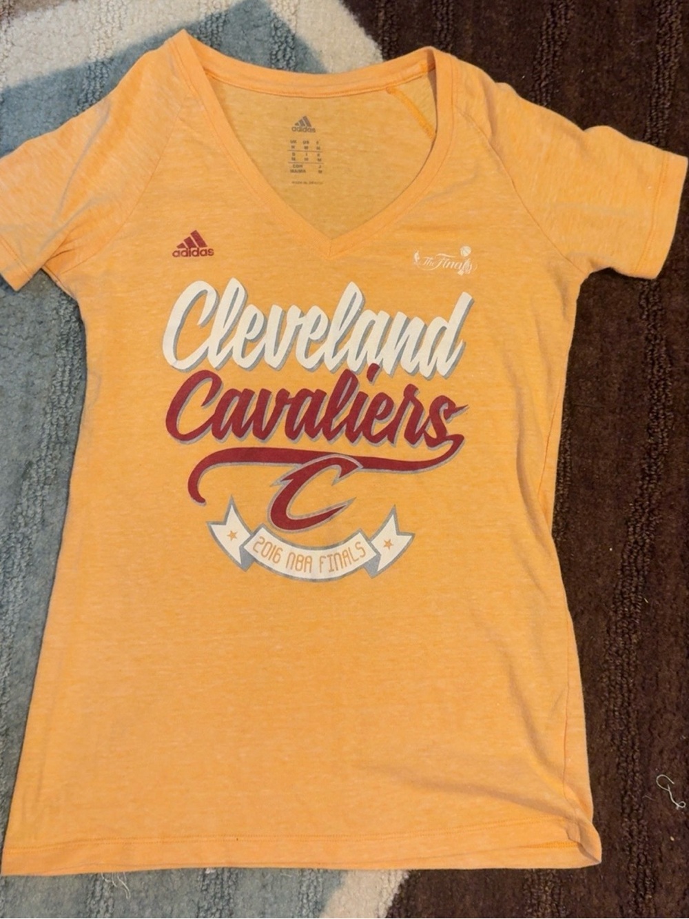 adidas Orange Cleveland Cavaliers V‑Neck Tee with Team Script
